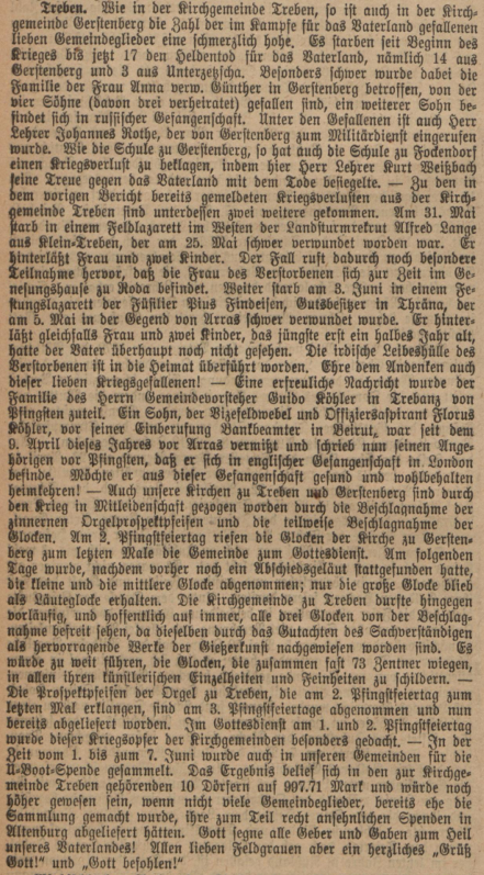 Auszug Heimatgrüße Altenburg Treben Juli 1917