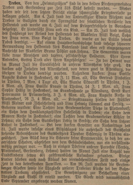 Auszug Heimatgrüße Altenburg Treben September 1917