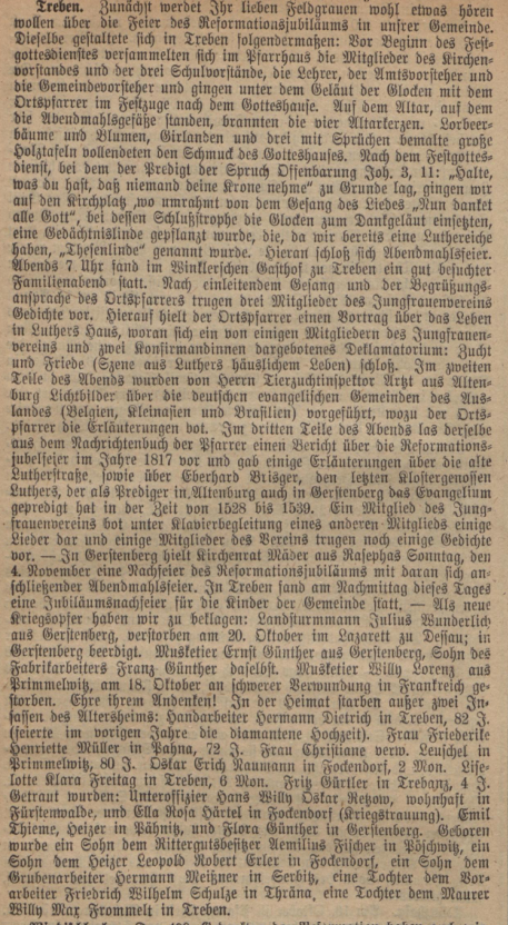 Auszug Heimatgrüße Altenburg Treben November 1917