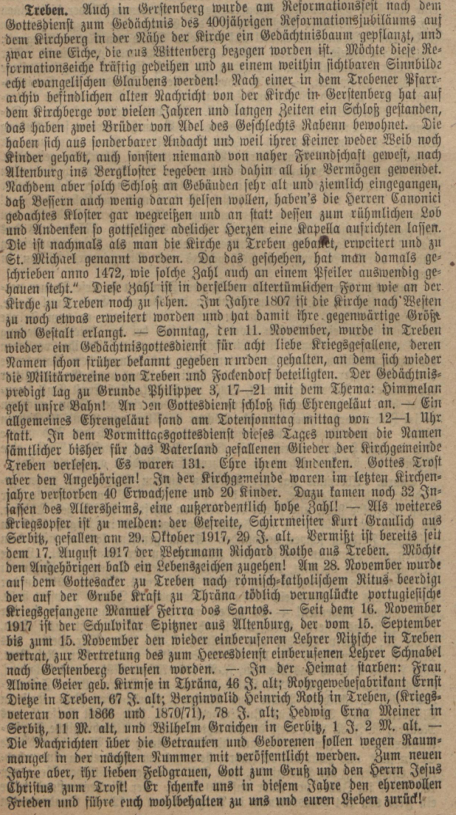 Auszug Heimatgrüße Altenburg Treben Januar 1918